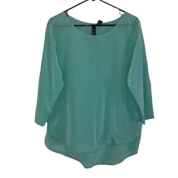 Fun & Flirt Womens Pale Aqua 3/4 Sleeve Button Tab Sheer Tunic Top Size L - Picture 1 of 4